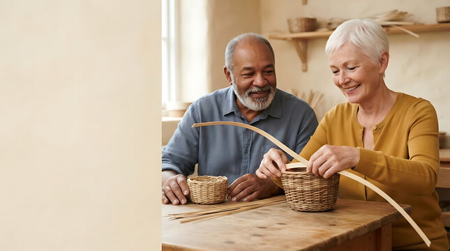 Elderly couple happily weaving baskets together in a workshop setting