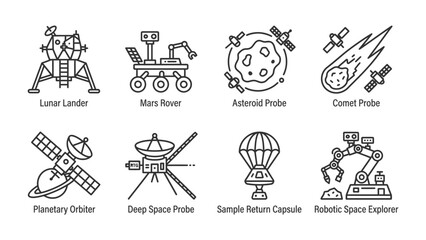 Space Exploration Icons: A collection of line art icons depicting various spacecraft and space exploration tools, including a lunar lander, Mars rover, asteroid probe, comet probe, planetary orbiter. © hasnat