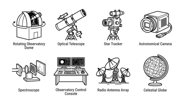 Astronomy Instruments Collection: A collection of detailed line drawings depicts various astronomical instruments, including a rotating observatory dome, optical telescope, star tracker.