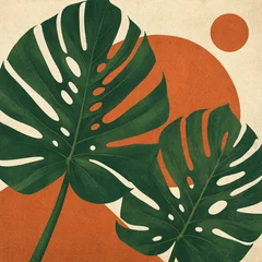 Vintage style illustration of monstera leaves and an orange sun icon with monstera tropical botanical illustration abstract minimalist geometric background textured decorative © Fiz