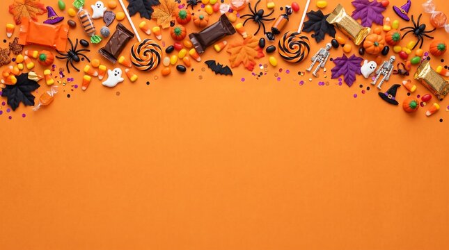 halloween candy and decorations border on orange background with space for text