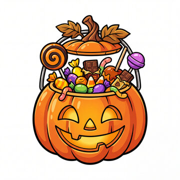 the illustration of pumpkin lantern filled the sweets, lollipops, and chocolate