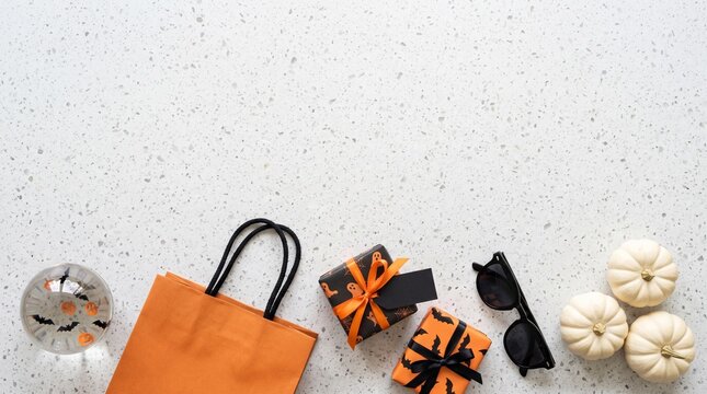 flat lay of halloween gift bags, wrapped presents, white pumpkins, and sunglasses on white background for autumn celebration