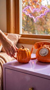 hand reaching for pumpkin-shaped mug on purple table near vintage orange rotary phone with neon bat decoration and autumn window view