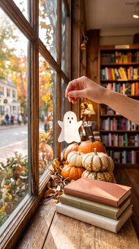 hand holding paper ghost decoration near pumpkins and books by window in cozy autumn bookstore