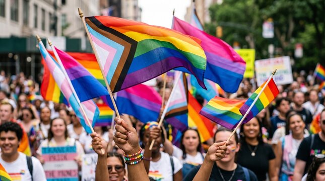 pride parade with diverse crowd waving lgbtq+ progress flags and celebrating inclusivity in city street