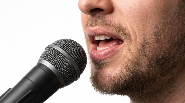 Close up of a man speaking into a microphone with his mouth open and teeth visible