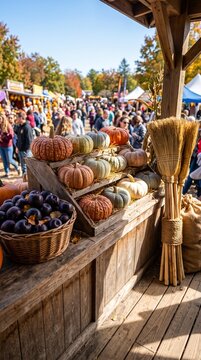 fall market scene with pumpkins and squash display at outdoor autumn festival with crowd in background