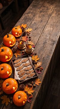 halloween autumn pumpkin decoration with jack o lanterns and bat shaped cookies on rustic wooden table