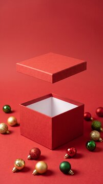 empty red gift box with floating lid surrounded by Christmas baubles on red background, festive holiday concept