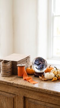 halloween decoration setup with pumpkins, bat-themed snow globe, orange ribbon and paper bags on rustic wooden table in bright room