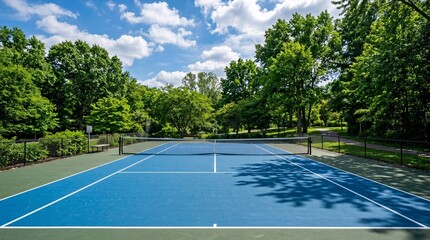 Fototapeta premium Blue hardcourt tennis court with sharp white lines and a black net standing empty amid lush green park trees under a brilliant sunny sky.