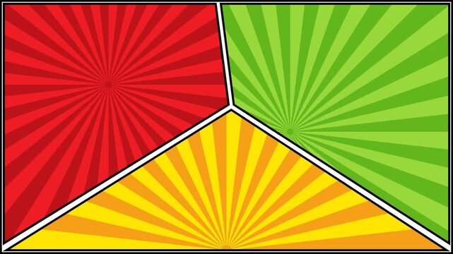 Vibrant comic book pop art background with three colorful radial sunburst panels in red green and yellow for retro graphic design and storyboards