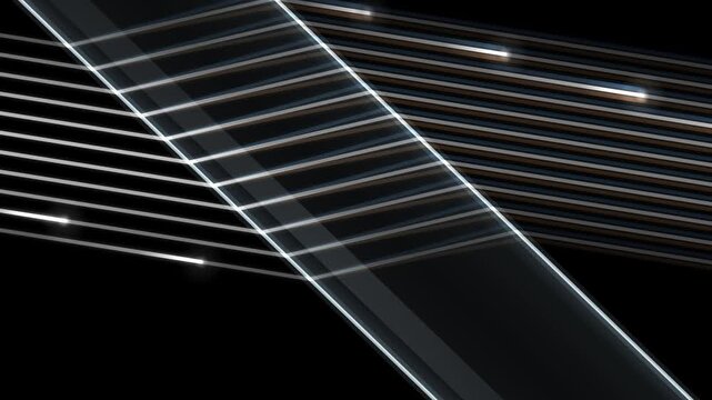 Light refraction through a glass panel seamless loop on black background, a bundle of white laser lines bending at the surface with warm and cool chromatic edges, 4K optics physics motion graphic