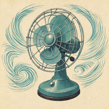 Vintage electric desk fan circulating air in a retro style illustration with summer heat home appliance old fashioned cooling system appliance nostalgia ventilation technology rotating