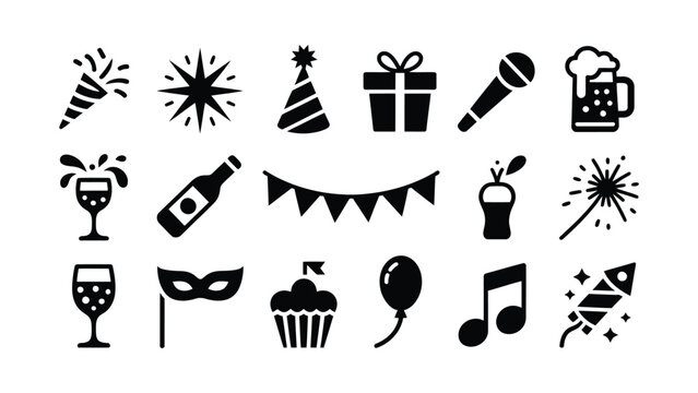 Black and white party celebration icons set with festive elements