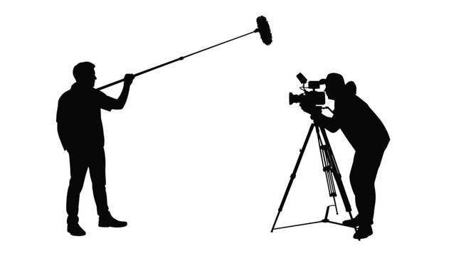 Crew silhouette with a cameraman operating a camera on a tripod and a boom operator