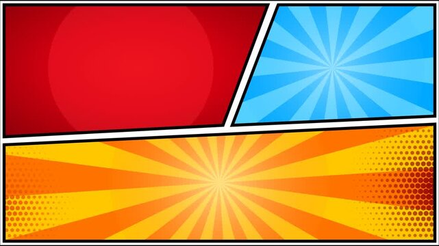 Blank comic book page template with colorful pop art panels featuring sunburst rays and halftone dot patterns for superhero storytelling