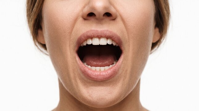 Close up of a woman's mouth open wide showing teeth and tongue, expressing emotion
