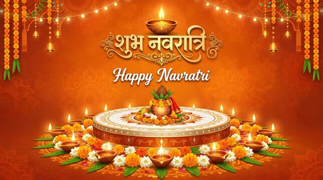 Happy Navratri greeting design with Hindi शुभ नवरात्रि text, diya and floral decor