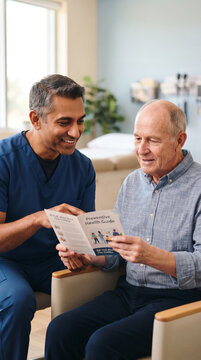 Male doctor reviewing general preventive health information with an elderly patient in a bright consultation room, Blue November: prostate cancer awareness and prevention