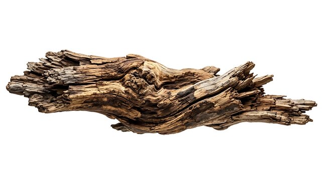 Weathered piece of dry driftwood log with rough natural texture isolated on a plain white background