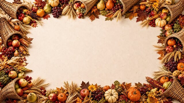 A festive thanksgiving border featuring cornucopias filled with autumn harvest fruits vegetables and colorful fall leaves on white background