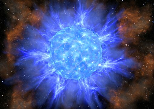 Giant blue star supernova explosion with energy waves and cosmic gas dust clouds in deep space
