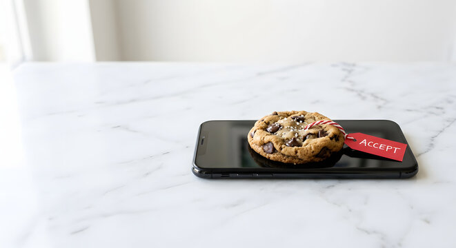 Chocolate Chip Cookie with Accept Tag Resting on Smartphone Screen for Cookie Policy Concept -Minimalist Web Privacy Concept with Fresh Cookie and Accept Label on Mobile Phone