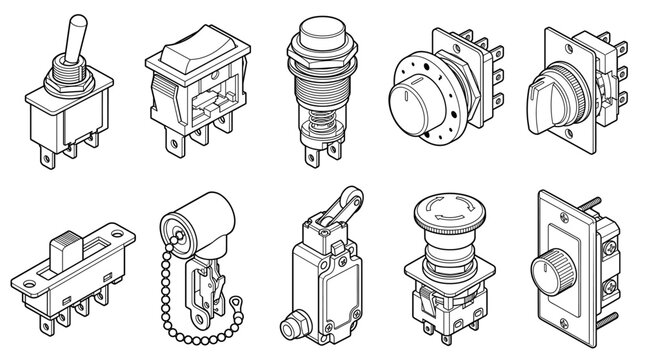 Electrical switches with wall controls dimmers timers set line drawing vector designs