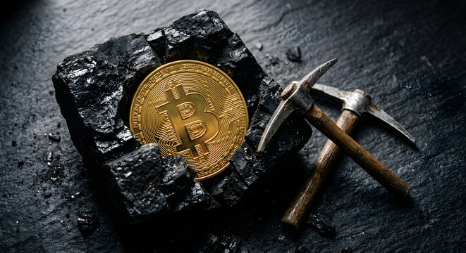 Golden Bitcoin Embedded in Black Coal Chunk with Miniature Pickaxes for Crypto Mining Concept