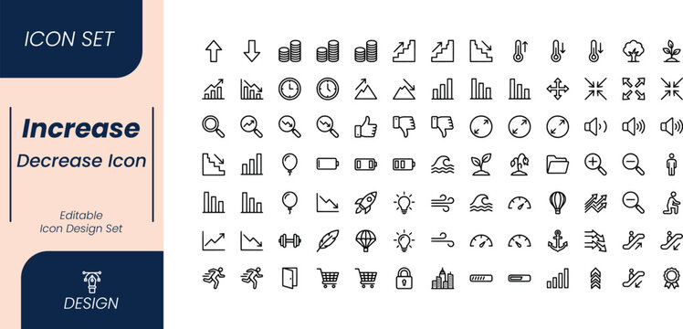 Set of increase and decrease icons, business growth and decline symbols, editable vector line art for web and mobile applications