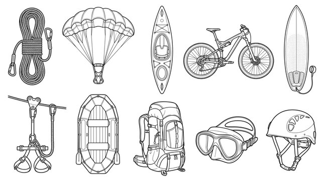 Adventure equipment with parachute kayak bicycle backpack set line drawing vector designs