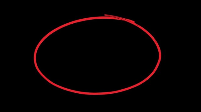 Hand drawn red circle highlight animation on black background, marker ellipse circling the frame center and holding still, 4K annotation motion graphic overlay for explainer video