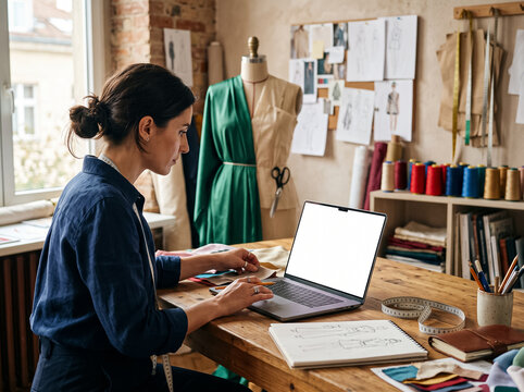 woman tailor sitting at table and working on laptop with white screen in bright studio with mannequin and sketches