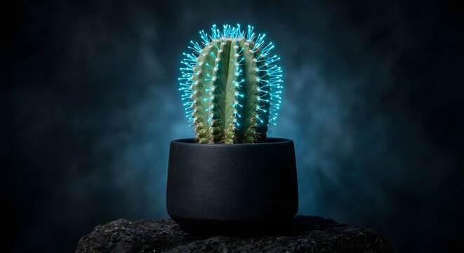 Desert Cactus with Glowing Cyan Fiber Optic Needles for Smart Energy Concept - Futuristic Bio Tech Concept