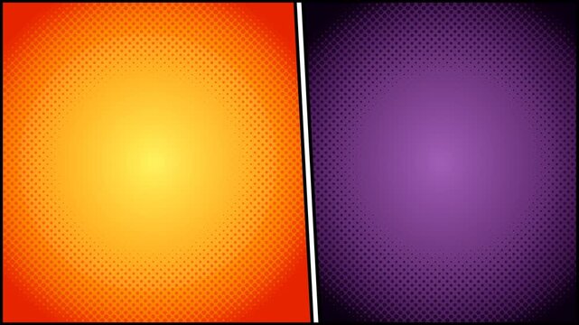 Dynamic split comic book background with vibrant orange and purple halftone dot patterns