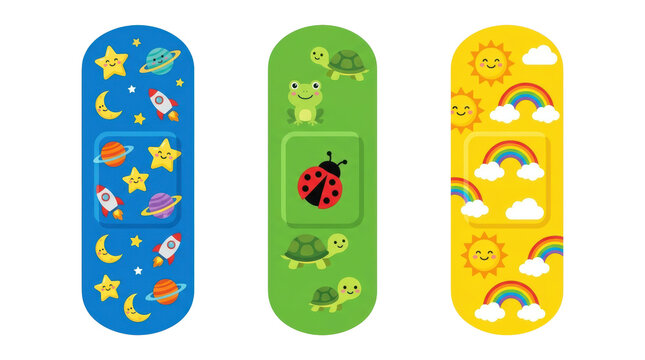 Cute cartoon bandages with space, animals, and weather icons on white background