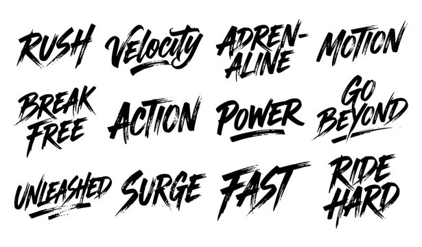 Dynamic Brush Lettering Typography Set with Bold Handwritten Words for Action, Speed, Energy, Motivation, and Sports Designs