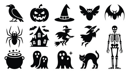 Fototapeta premium Halloween-themed black and white icons set with spooky symbols and characters