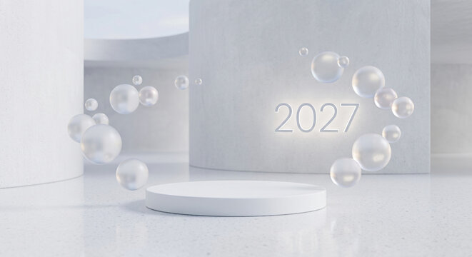 Modern minimalist interior white podium with 2027 numbers.