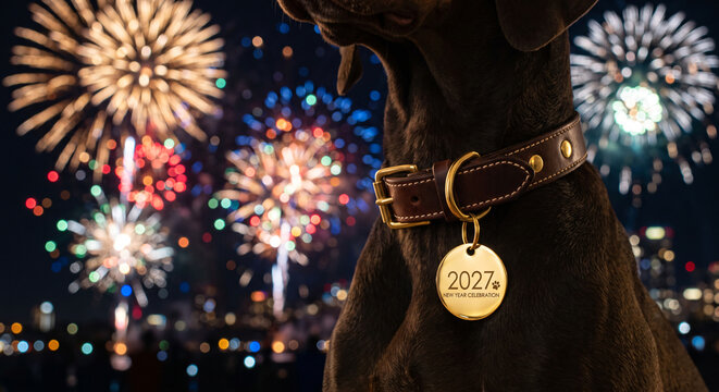 A dog wearing a necklace, New Year 2027, city skyline with fireworks at night, New Year celebration.