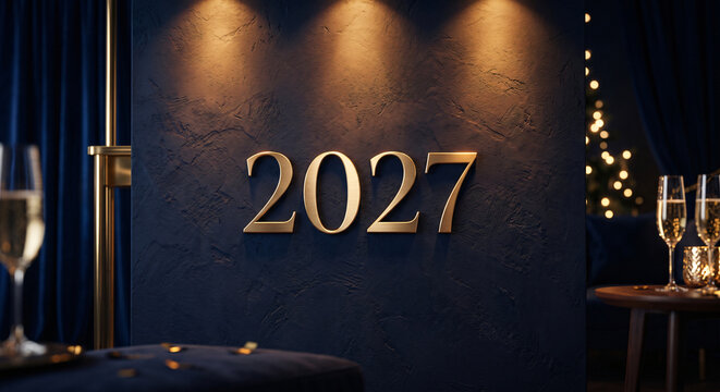 2027 Christmas and New Year copy space banner for formal dinner party and candlelit holiday celebration with 2027 place card, gold tableware, wine glasses, fir decor and dark background for invitation