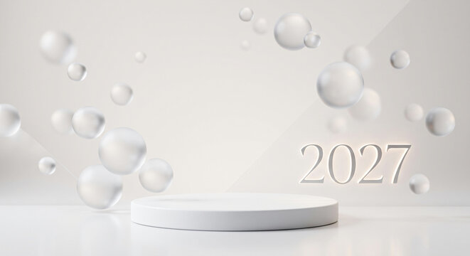 Modern minimalist interior white podium with 2027 numbers.