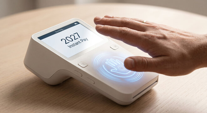 High-tech palm scanner with blue LED light and 2027 Suitable for cybersecurity or access control.