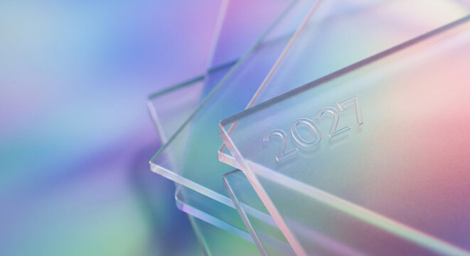 Minimalist composition of overlapping transparent acrylic sheets in pastel blue, white, and soft pink, arranged at social media download product banner template 2027.