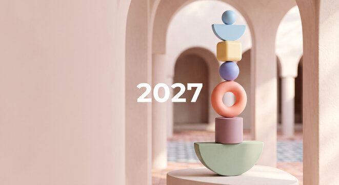 Pastel-colored geometric shapes triangles, quadrilaterals, and others arranged alongside the year "2027".