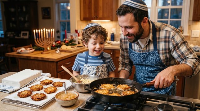 Father and son wearing kippahs cooking potato latkes in a home kitchen for Hanukkah while smiling together at the stove. The pair prepares traditional fried pancakes in a cast iron skillet.