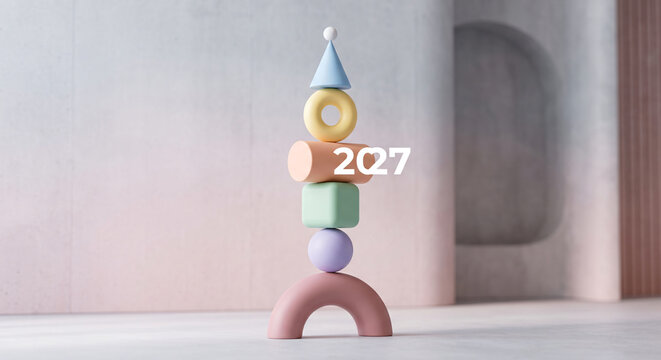 Pastel-colored geometric shapes triangles, quadrilaterals, and others arranged alongside the year "2027".