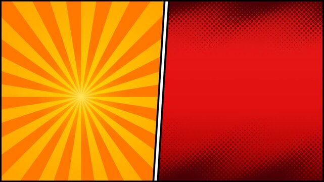 Retro pop art comic background with divided panels featuring yellow radial sunburst and red halftone gradient